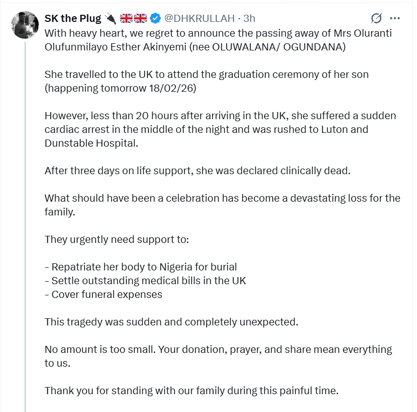 Nigerian woman d!es less than 20 hours after arriving UK for her child